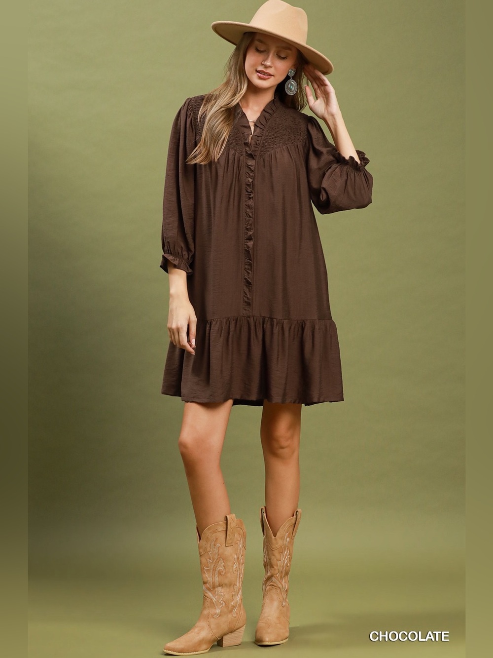 Umgee Smocked Ruffle Tiered Mini Dress Chocolate Pocketed NWT🛍️